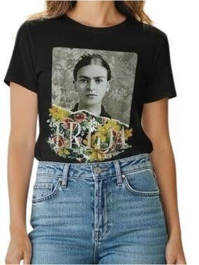 Isaac Morris Ltd Frida Kahlo Graphic T-Shirt Black Floral Portrait Size XS
